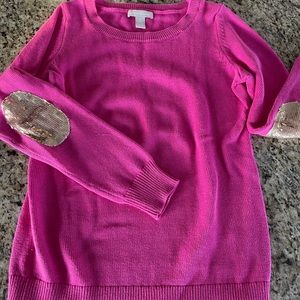 Pink Banana Republic sweater with gold sequin elbow patches